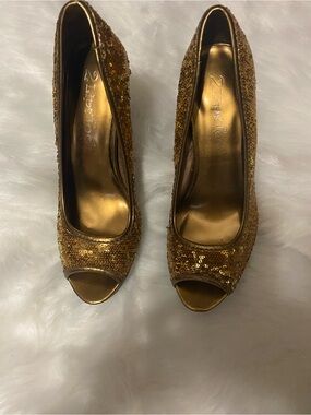 2 Lips Too Gold Sequin Open-Toe Heels